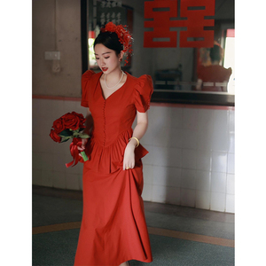 港风敬酒服婚纱新娘当天便装回门订婚礼服8090年代复古红色套装女