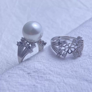 DIY珍珠配件 s925纯银复古蕾丝镶嵌戒指空托澳白戒托配8-10mm圆珠
