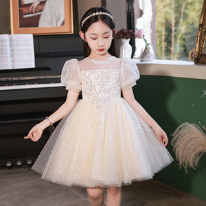 女童公主裙夏季花童婚礼蓬蓬裙女孩主持人钢琴演出服儿童白色裙子