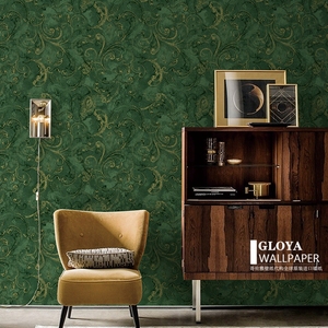 美式复古做旧绿色叶卷草纹墙纸北欧轻奢卧室客厅背景墙壁纸壁画