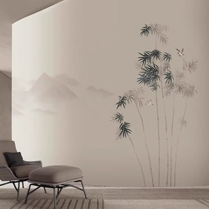 新中式水墨竹子茶室墙布客厅素雅简约电视背景壁纸办公室装饰壁布
