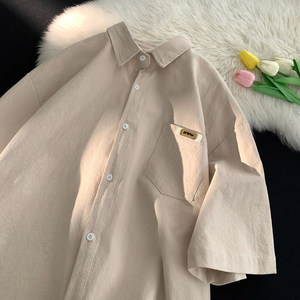 棉麻短袖衬衫女夏季新款美式复古日系工装情侣半袖上衣外套卡其色