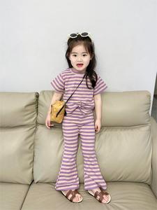 女童韩版洋气条纹套装2024夏女宝休闲运动短袖T恤喇叭裤两件套潮