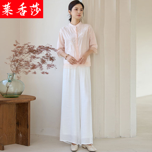 中国风中式唐装对襟衬衫绣花茶服民国风汉服女改良旗袍上衣两件套