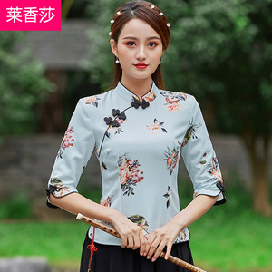 中式唐装改良民国汉服旗袍五分袖上衣中国风大码女装复古印花茶服