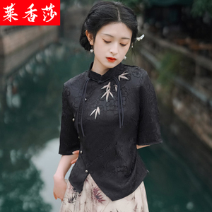 新中式国风改良旗袍上衣女夏季民国风复古唐装短款刺绣茶服两件套
