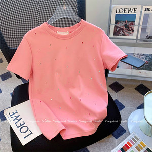粉色重工镶钻短袖t恤女夏装2024新款甜美洋气减龄百搭正肩上衣ins