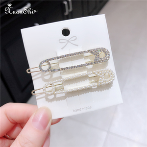 韩国东大门新款甜美个性别针造型珍珠水钻发夹时尚百搭扣夹发卡子