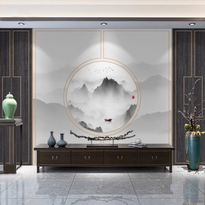 新中式书房古典壁画5d山水墙纸客厅装饰电视背景墙壁纸无缝8d墙布