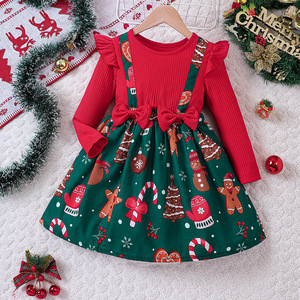 圣诞款外贸童装 中小童新品女童双蝴蝶结圣诞节假两件拼接连衣裙