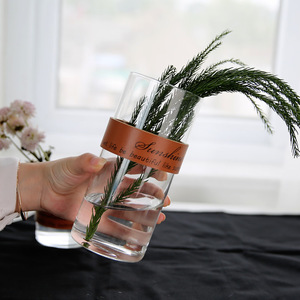 北欧INS皮革玻璃花瓶植物干花水培瓶子花器直筒简约透明插花容器