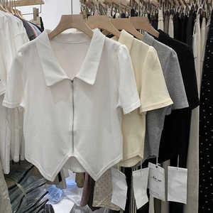 NV.SE832韩版polo领短袖t恤夏季女不规则设计感显瘦短款翻领上衣