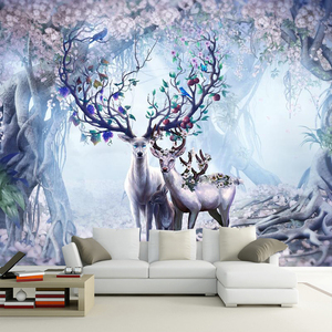 3d立体北欧风格墙布简约个性手绘麋鹿艺术壁纸客厅电视背景墙壁画