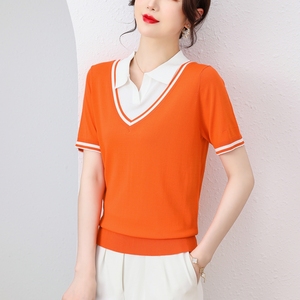 橘色冰丝短袖t恤女薄款夏季洋气短款针织衫溥款设计感假两件上衣