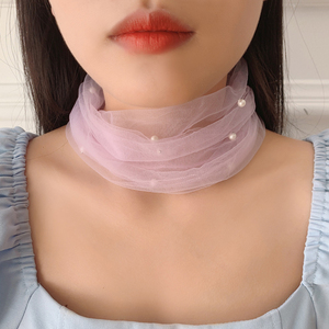 新款钉珍珠仙女糖果色网纱纱巾夏季防晒护颈丝巾透气装饰套头围脖