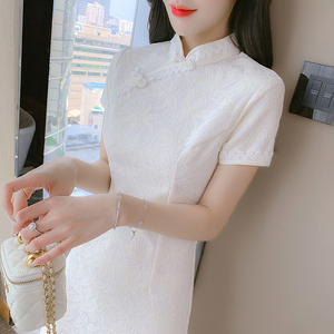白色旗袍裙子2024年夏季新款改良蕾丝优雅年轻款法式短款连衣裙女