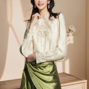 新中式衬衫女2024年春新款小立领设计感刺绣绣花复古长袖衬衣上衣