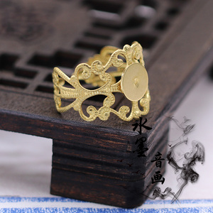 DIY饰品黄铜保色复古蕾丝花纹铜质戒指托盘可调节镶嵌指环托B624