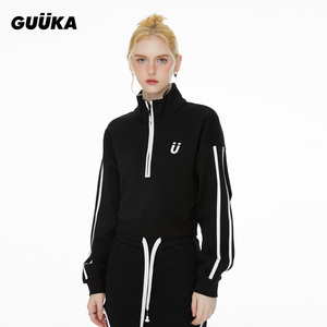 GUUKA黑色半高领拉链卫衣22新款女潮 蝙蝠袖条纹外套运动套装搭配