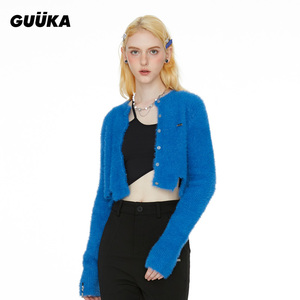 GUUKA蓝色短款毛衣女秋新款高级感 破边针织衫修身仿貂绒开衫外套