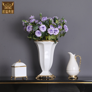 欧式花瓶摆件 铜包陶瓷花器 美式别墅客厅餐桌玄关高端奢华装饰品
