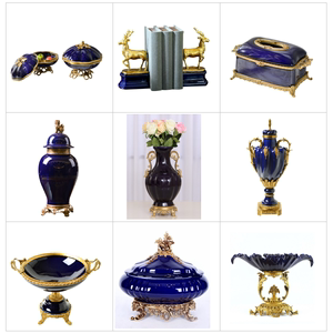 美式宝蓝色陶瓷配铜家居饰品 欧式高档奢华客厅玄关花瓶果盘 摆件