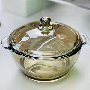 家用茶色玻璃煲1L双耳带盖煲耐热玻璃泡面碗