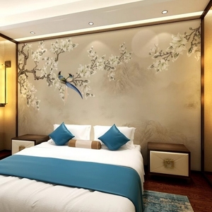 新中式国画玉兰花鸟电视背景墙壁纸客厅卧室沙发无缝墙布墙纸壁画