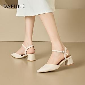 达芙妮包头凉鞋女夏季2024新款尖头高跟鞋中跟单鞋女鞋白色小皮鞋