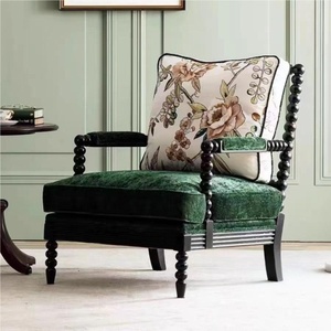 美式复古实木沙发椅法式客厅休闲单人椅布艺印花绒布椅葫芦老虎椅