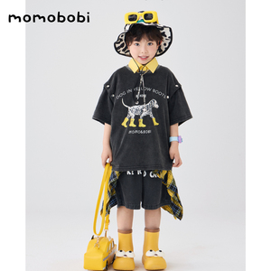 momobobi自制儿童套装个性可拆卸做旧T恤短袖印花上衣字母短裤潮