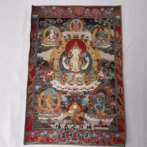 西藏唐卡尼泊尔刺绣画 藏式四臂观音菩萨像挂画 壁画 唐卡度母像