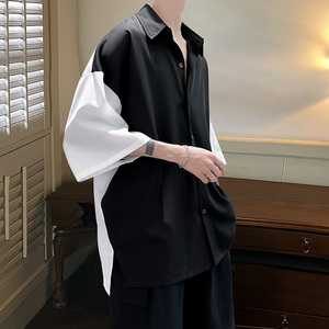 禁欲系冰丝短袖衬衫男设计感小众黑白拼接七分袖衬衣高级感薄外套