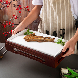 酒店中式创意陶瓷盘特色竹木配长方纯色白盘子会所私房菜组合餐具