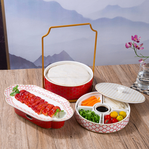 中式椭圆创意红色陶瓷烤鸭组合餐具蜡烛加热特色北京烤鸭专用盘子