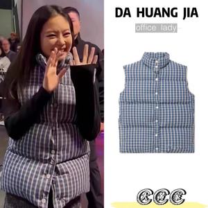 金智妮jennie同款无袖蓝色格子棉服背心女秋冬保暖马甲坎肩面包服