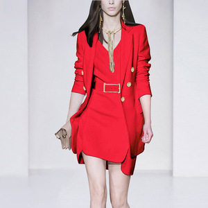 职业套装女红色欧美西装名媛外套v领连衣裙新款工装套装裙