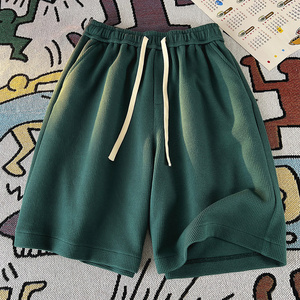 墨绿色美式复古5分短裤男款夏季薄款华夫格休闲运动裤青少年裤子