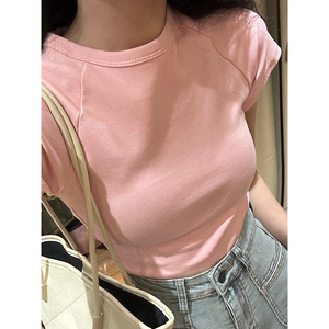 粉色齐腰短袖t恤女夏季时尚CHao级推荐美式辣妹小衫正肩短款上衣