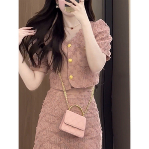 韩版高冷御姐风气质女神范轻奢女装高级感粉色小香风两件套装夏款