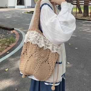日系森女系复古风蕾丝花边纯色百搭单肩包学生旅行包镂空编织包
