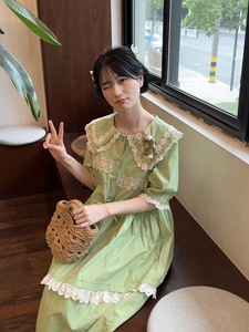 日系森女系娃娃领蕾丝拼接短袖长款连衣裙甜美小清新夏季裙子女士