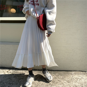 白色百褶裙女秋冬学生韩版中长款不规则半身裙雪纺半身长裙鱼尾裙