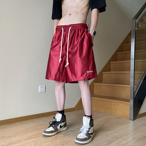 红色拳击短裤男夏季薄款冰丝速干裤子潮牌美式运动跑步外穿大裤衩