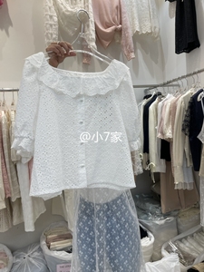 THE LENA韩国东大门代购2024夏季女装新款娃娃领系扣镂空短袖衬衫