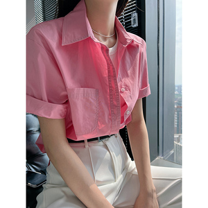 粉色短袖衬衫女夏季2024新款polo领全棉衬衣宽松高级感纯棉上衣