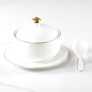 白色汤盅酒店餐厅商用陶瓷炖盅带盖隔水炖金边燕窝盅甜品盅小炖罐