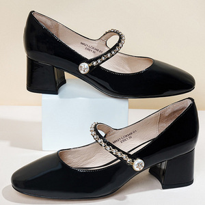 莱思丽法式玛丽珍女鞋子粗跟温柔小ck鞋一脚蹬黑色中跟单鞋LC6348