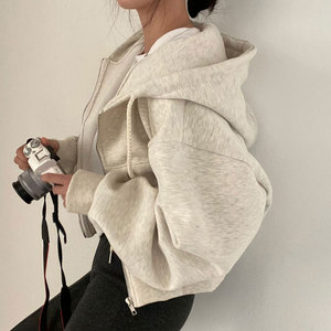 韩国chic秋季简约气质抽绳连帽设计感小众宽松长袖卫衣开衫外套女