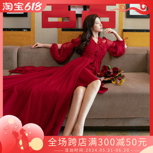 晨袍女新娘高级感结婚礼喜庆红色睡袍睡美人长款拖尾度假连衣裙